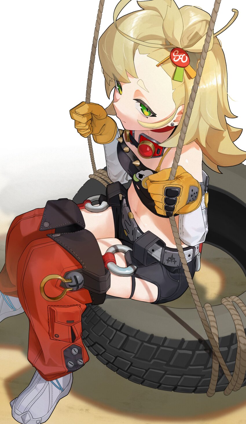 1girl, absurdres, bare_shoulders, belt, black_shorts, black_tube_top, blonde_hair, closed_mouth