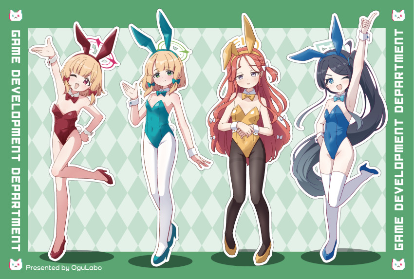 4girls, ;d, absurdly_long_hair, alternate_costume, animal_ear_hairband, animal_ears, argyle_background, aris_(blue_archive)