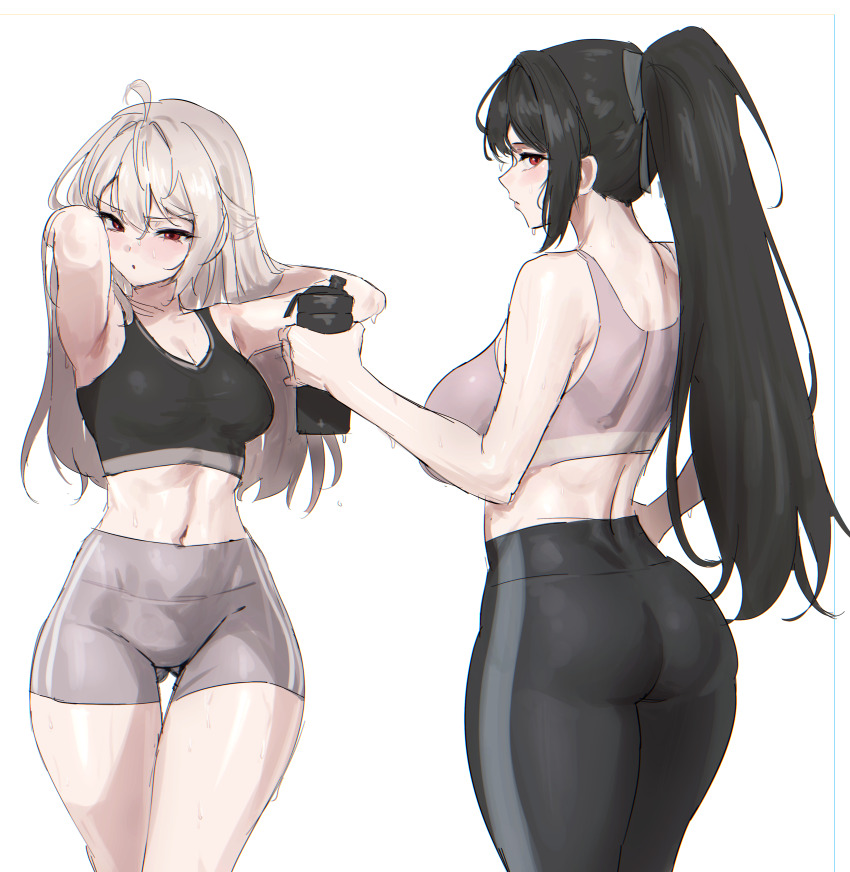 2girls, absurdres, ahoge, armpits, arms_behind_head, ass, bare_arms, bare_shoulders, black_hair, black_leggings, black_sports_bra, bottle, breasts, commission, crop_top, from_behind, gluteal_fold, grey_shorts, grey_sports_bra, highres, holding, holding_bottle, illien_(illien), irene_paltrow, large_breasts, leggings, long_hair, looking_at_viewer, median_furrow, midriff, multiple_girls, namogo, navel, original, parted_lips, ponytail, profile, red_eyes, short_shorts, shorts, sidelocks, simple_background, sleeveless, sports_bra, stomach, sweat, thigh_gap, thighs, white_background, white_hair