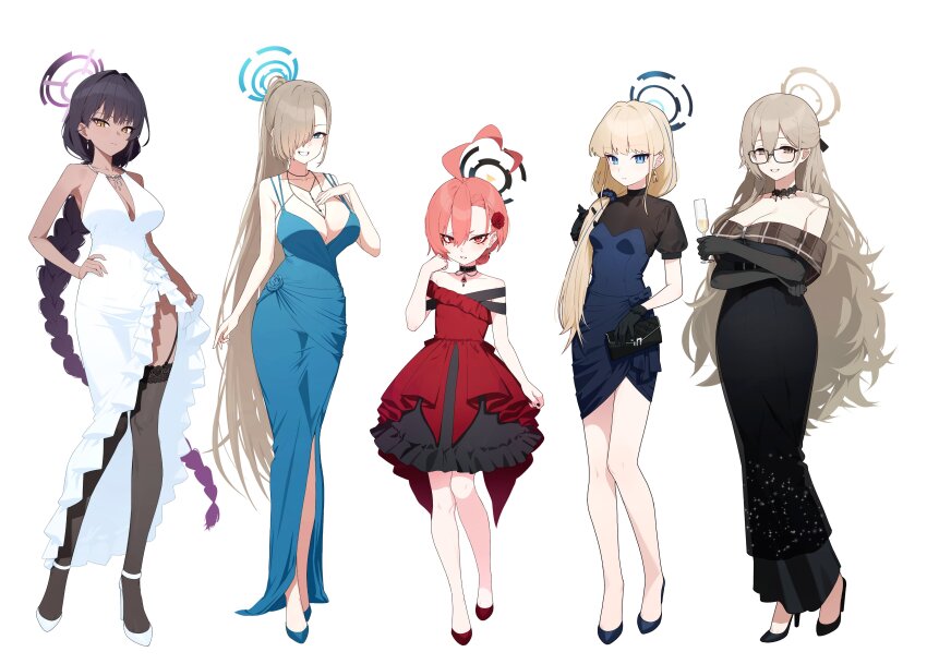 5girls, absurdres, ahoge, akane_(blue_archive), alcohol, alternate_costume, alternate_hairstyle, arm_at_side