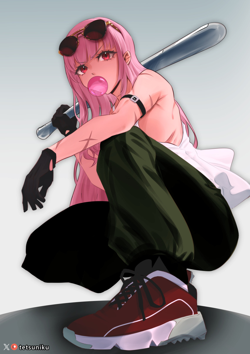 1girl, absurdres, baseball_bat, black_gloves, black_pants, blunt_bangs, breasts, club_(weapon)