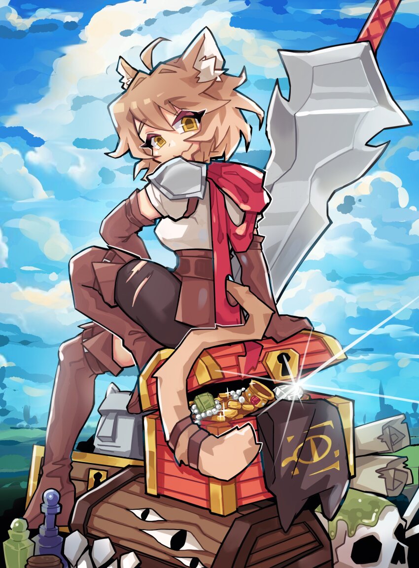 absurdres, ahoge, animal_ear_fluff, animal_ears, armor, blue_sky, boots, brown_boots