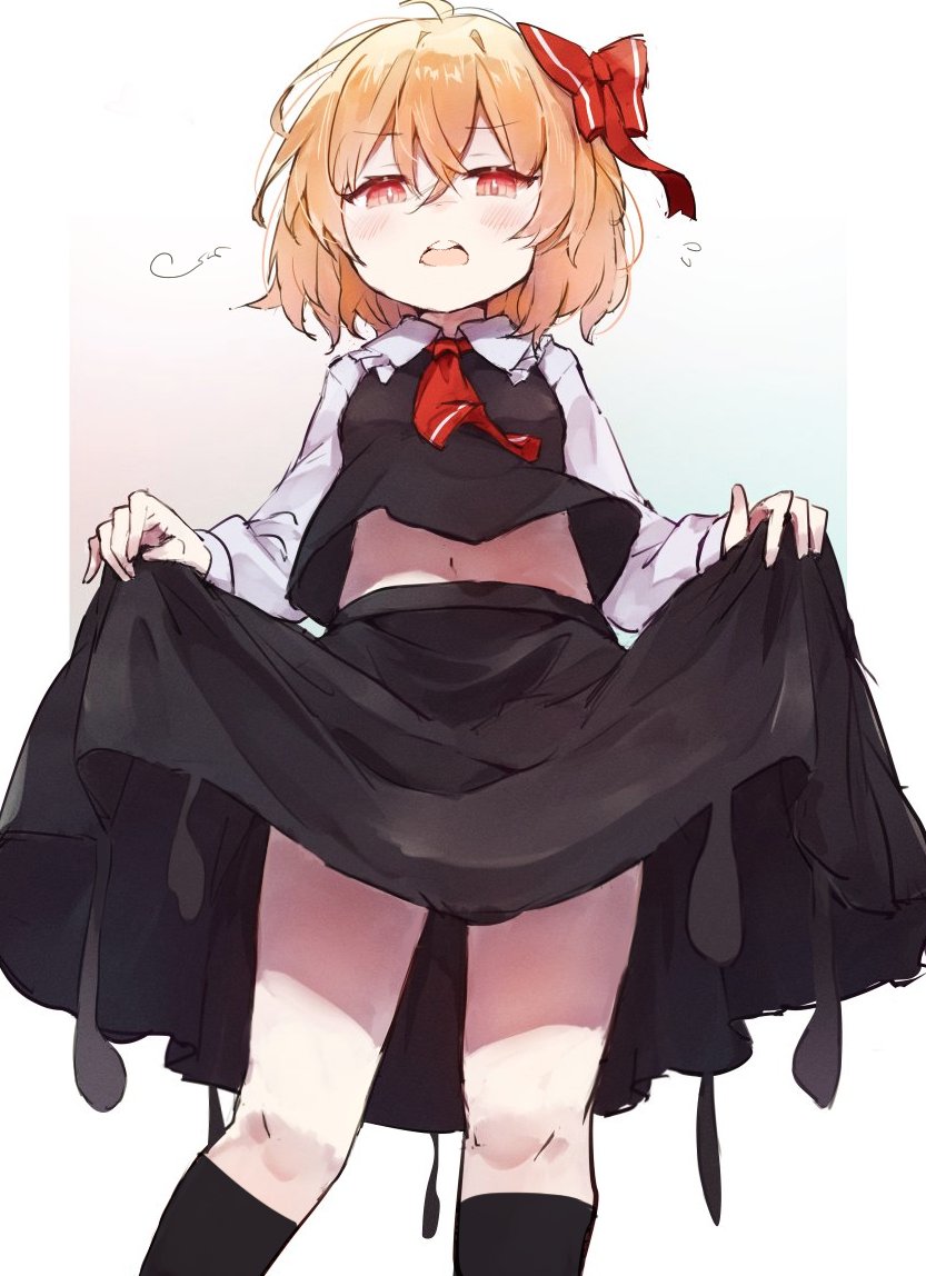 1girl, ar_(maeus), ascot, black_skirt, black_socks, black_vest, blonde_hair, blush