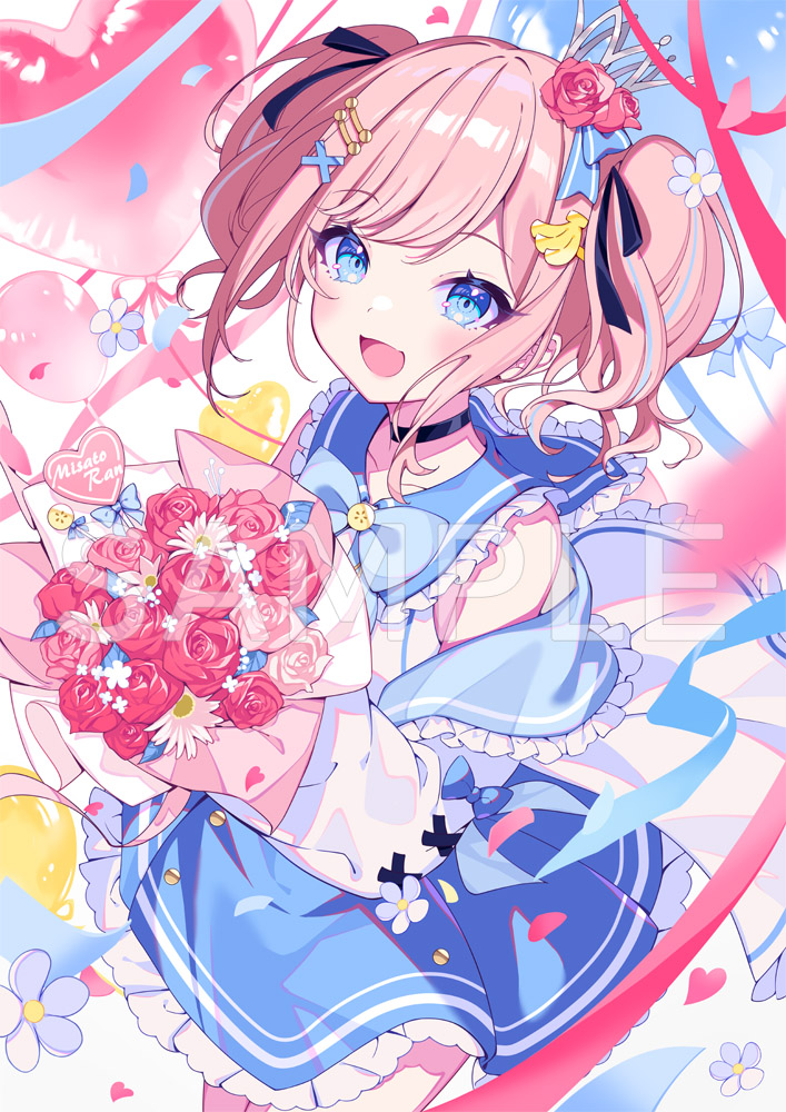 1girl, :d, balloon, banana_hair_ornament, bare_shoulders, black_choker, blue_bow, blue_bowtie