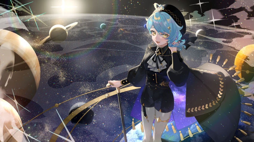 1girl, ahoge, ascot, black_hat, black_jacket, black_shorts, blue_hair, cane