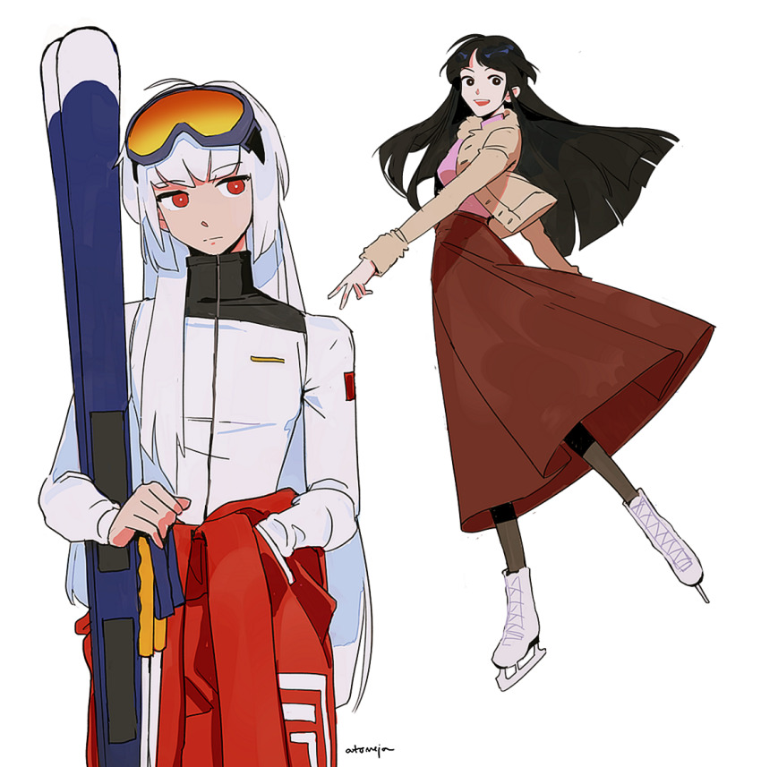 2girls, alternate_costume, artist_name, ashenblue, black_eyes, black_hair, brown_jacket, brown_skirt