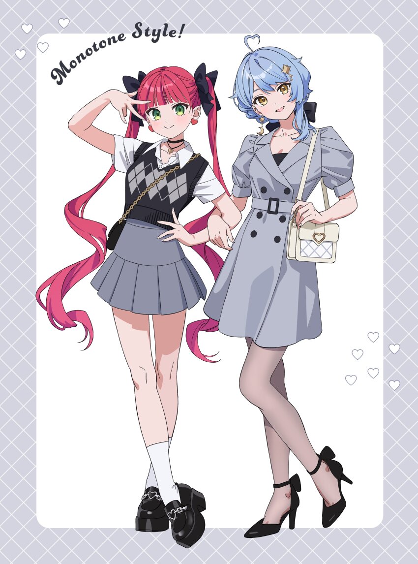 2girls, absurdres, ahoge, bag, belt, black_shoes, black_vest, blue_hair, brown_dress, buttons, collarbone, commentary_request, commission, double-breasted, dress, earrings, english_text, fashion, full_body, green_eyes, grey_belt, grey_skirt, hair_ornament, hand_on_own_hip, heart, heart_ahoge, heart_earrings, high_heels, highres, holding_hands, hoshimi_madoka, indie_virtual_youtuber, jewelry, long_hair, looking_at_viewer, moya_(toatomoot), multiple_girls, necklace, pantyhose, pink_hair, platform_shoes, pleated_skirt, puffy_short_sleeves, puffy_sleeves, second-party_source, shoes, short_hair, short_sleeves, shoulder_bag, skeb_commission, skirt, socks, star_(symbol), star_hair_ornament, sweater_vest, twintails, v, vest, virtual_youtuber, white_socks