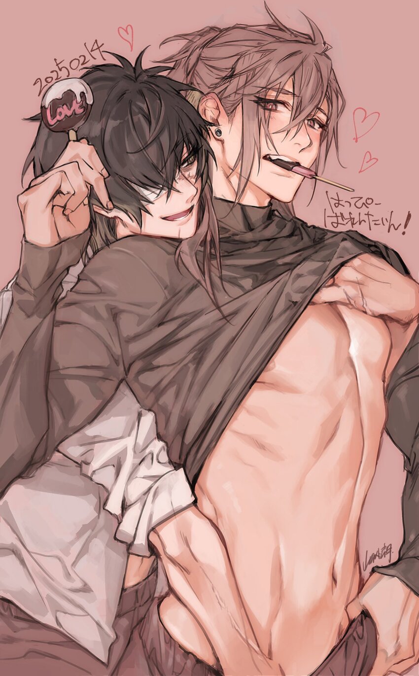 2boys, black_hair, black_pants, black_sweater, candy, clothes_lift, cuts, earrings