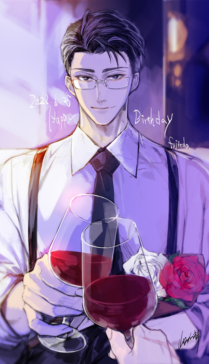 2boys, alcohol, black_hair, black_shirt, cup, drinking_glass, flower, fujieda_ryo