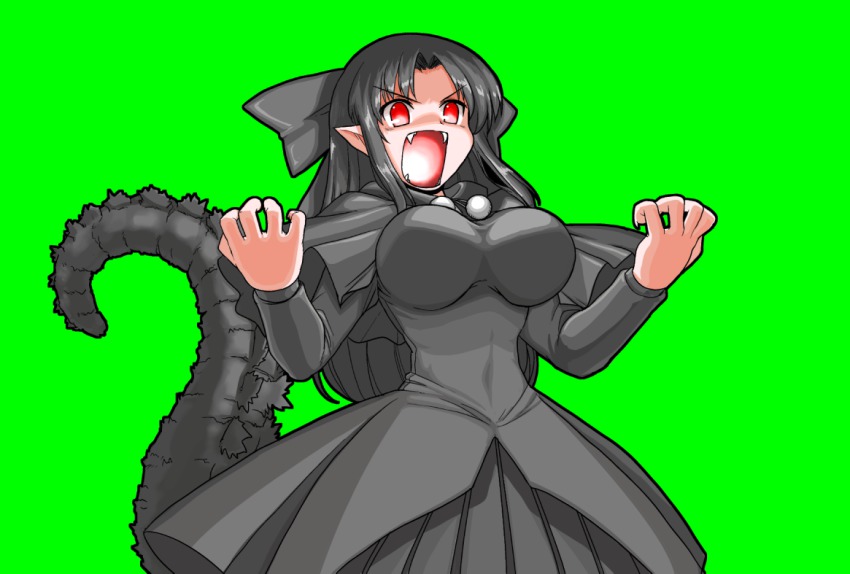 00s, 1girl, bad_id, bad_pixiv_id, black_hair, bow, breasts, dress, fangs, female_focus, fusion, godzilla, godzilla_(series), gojiren, hair_bow, large_breasts, long_hair, m.u.g.e.n, melty_blood, mono_(moiky), open_mouth, personification, pointy_ears, red_eyes, simple_background, solo, tail, tsukihime, white_len_(tsukihime)