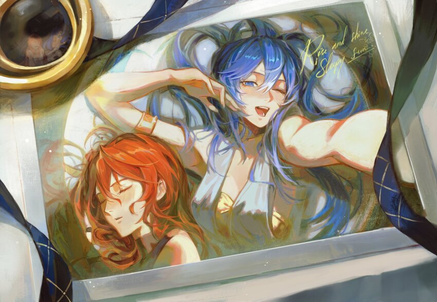 2girls, adapted_costume, arm_up, armlet, armor, augusta_(wuthering_waves), blue_eyes, blue_hair, blush, borrowed_clothes, breastplate, breasts, closed_eyes, commentary, dress, english_commentary, english_text, fingernails, guii1210, highres, iuno_(wuthering_waves), jewelry, long_hair, medium_breasts, multiple_girls, one_eye_closed, open_mouth, orange_hair, outstretched_arms, parted_lips, photo_(object), selfie, sleeping, smile, white_dress, wuthering_waves