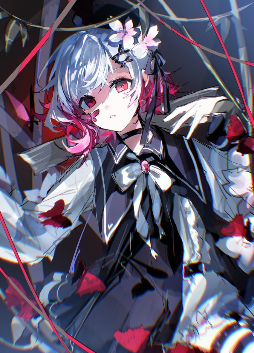 1girl, beret, black_choker, black_dress, black_hat, bug, butterfly, choker