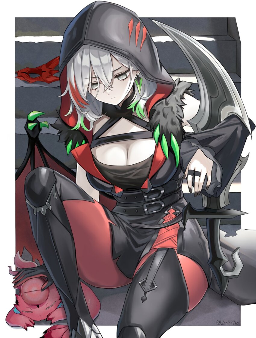 1girl, breasts, cleavage, detached_sleeves, diabellstar_the_black_witch, dress, duel_monster, feet_out_of_frame, green_hair, grey_eyes, grey_hair, highres, hood, hood_up, large_breasts, long_sleeves, medium_hair, multicolored_hair, pale_skin, sitting, snake-eyes_poplar, thighhighs, yu-gi-oh!, zen77766