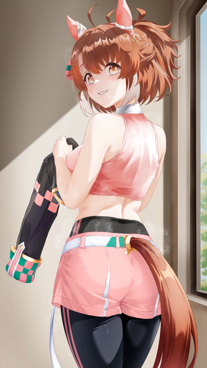 1girl, absurdres, animal_ears, ass, black_jacket, black_pantyhose, blush, brown_hair