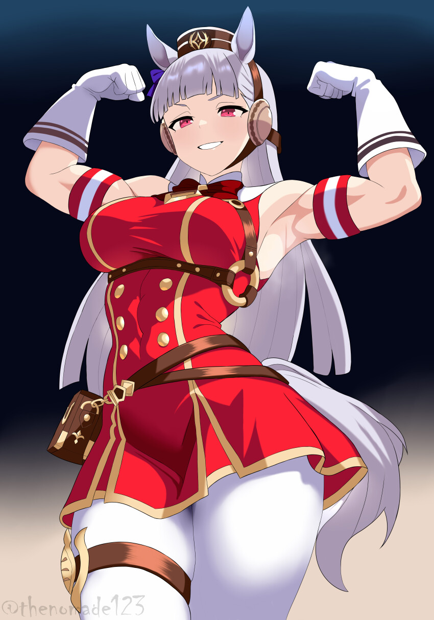 1girl, absurdres, animal_ears, armband, armpits, belt_pouch, blunt_bangs, bow