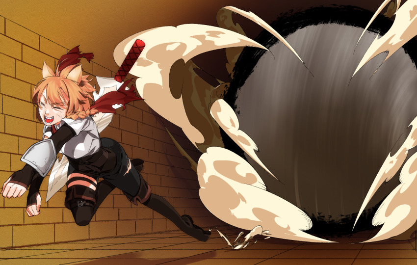 1girl, ahoge, animal_ears, asymmetrical_legwear, asymmetrical_shorts, blonde_hair, boots, boulder