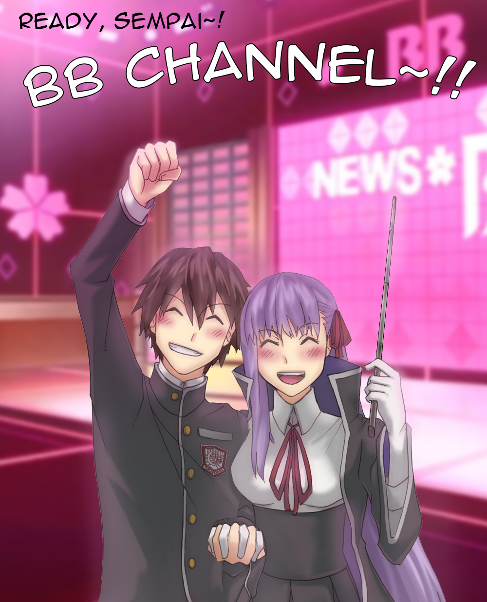 1boy, 1girl, bb_(fate), bb_(fate/extra), bb_channel, black_coat, black_shirt, black_skirt