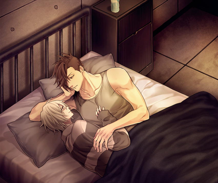 2boys, baku_(slow_damage), black_hair, blanket, cuddling, grey_tank_top, hand_on_another's_arm, hand_on_another's_chest