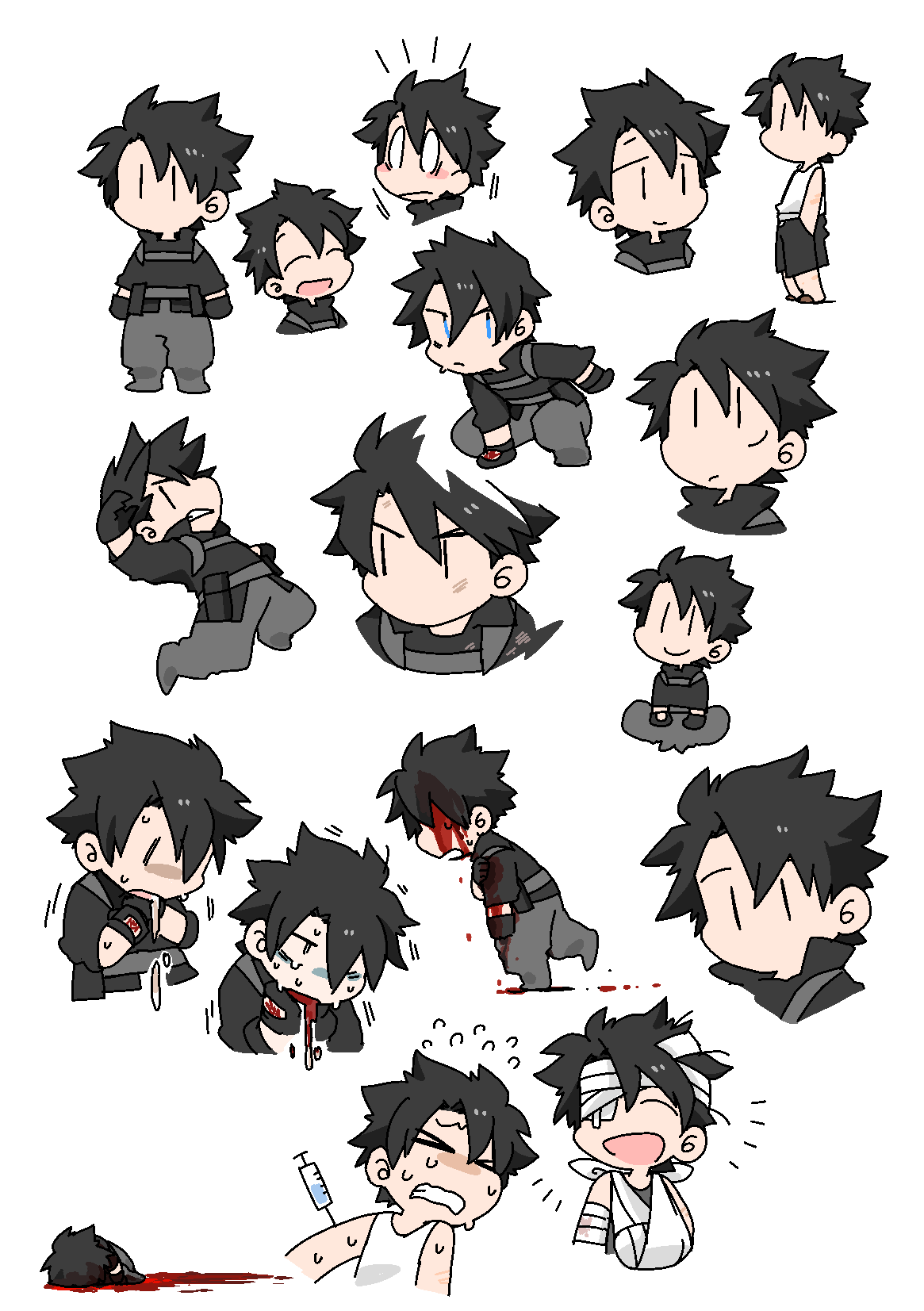 bandage_over_one_eye, bandaged_arm, bandages, black_gloves, black_hair, black_shirt, black_shorts, bleeding