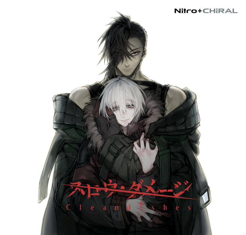 2boys, bags_under_eyes, baku_(slow_damage), bare_shoulders, black_hair, black_jacket, fur_trim, gloves, hand_on_another's_arm, hand_on_another's_hand, highres, hug, jacket, looking_at_viewer, male_focus, multiple_boys, nitro+_chiral, pale_skin, shiro_(slow_damage), size_difference, slow_damage, slow_damage:_clean_dishes, tank_top, undercut, white_background, white_hair, winter_clothes, yamada_uiro, yaoi