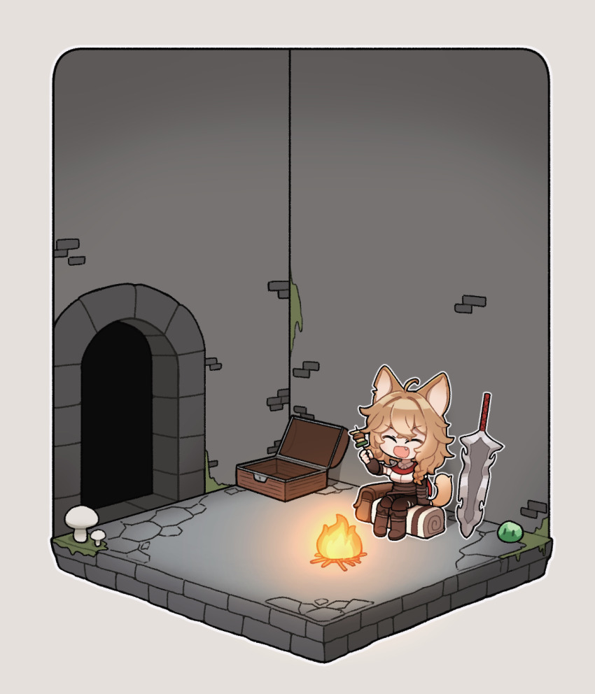 1girl, ^_^, ahoge, animal_ears, blonde_hair, bonfire, boots, brown_boots