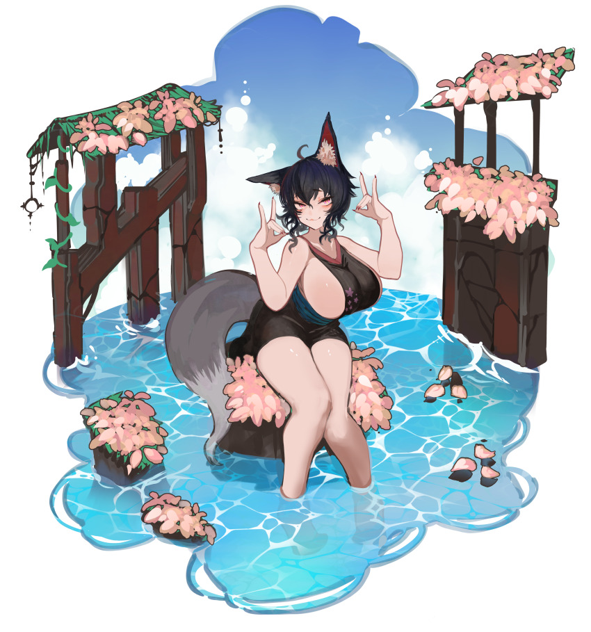 1girl, :3, absurdres, ahoge, animal_ear_fluff, animal_ears, black_hair, black_tail