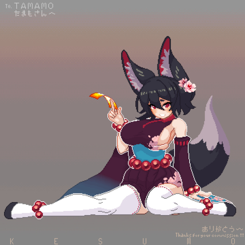 1girl, animal_ear_fluff, animal_ears, animated, animated_gif, bead_belt, bead_bracelet, beads, black_hair, black_tail, blue_sash, bouncing_breasts, bracelet, breasts, commission, detached_sleeves, floral_print, flower, fox_ears, fox_girl, fox_tail, hair_flower, hair_ornament, jewelry, katsumi_(tamamo), kesumogames, large_breasts, non-web_source, ofuda, original, red_eyes, sash, sideboob, sitting, skeb_commission, skirt, solo, tail, thighhighs, white_thighhighs
