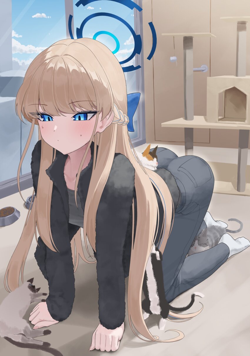 1girl, absurdres, animal, black_jacket, blonde_hair, blue_archive, blue_eyes, blue_halo, bowl, breasts, calico_(pattern), calico_cat, cat, cat_house, cat_tower, denim, grey_pants, halo, highres, indoors, jacket, jeans, long_hair, long_sleeves, maji_(majidesu3), pants, pet_bowl, socks, soles_of_feet_in_socks, solo, toki_(blue_archive), white_socks
