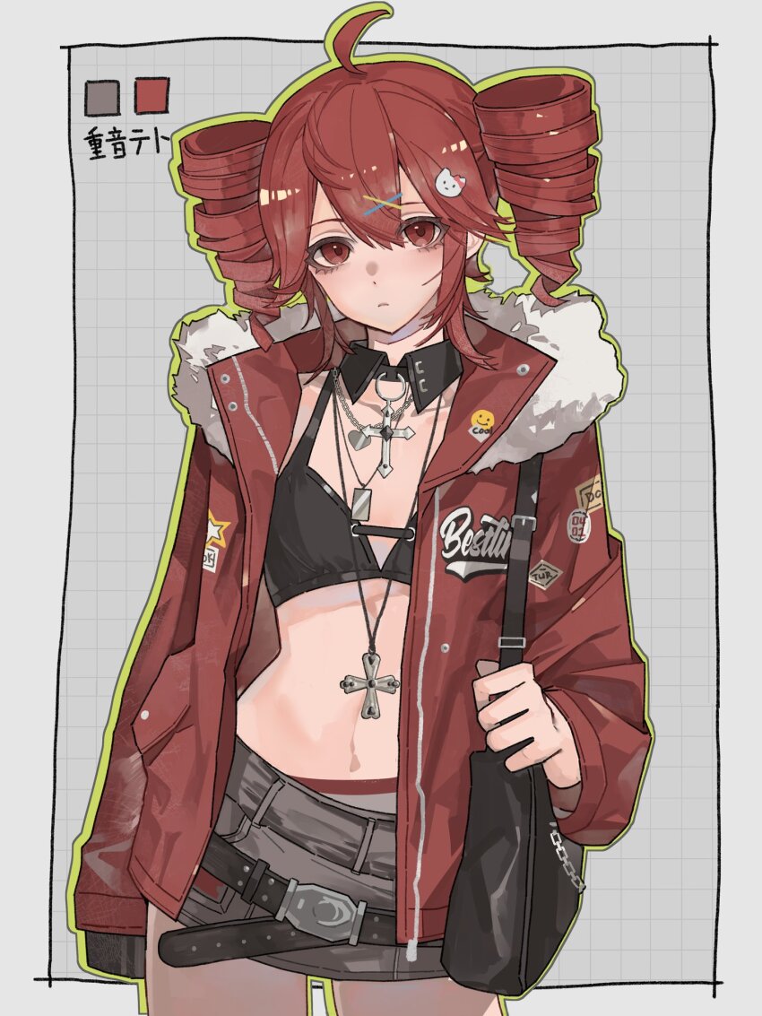 1girl, ahoge, bag, belt, black_bag, black_bra, blush, bra, cat_hair_ornament, chain, chouti_ttt, collarbone, cross, cross_necklace, denim, denim_skirt, detached_collar, dog_tags, dot_nose, drill_hair, flat_chest, fur-trimmed_jacket, fur_trim, green_outline, grey_background, grey_panties, hair_between_eyes, hair_ornament, heart, heart_necklace, highres, holding, holding_bag, jacket, jewelry, kasane_teto, light_frown, long_sleeves, looking_at_viewer, microskirt, navel, necklace, open_clothes, open_jacket, outline, panties, red_eyes, red_hair, red_jacket, satchel, simple_background, skirt, solo, thighs, twin_drills, underwear, utau, x_hair_ornament