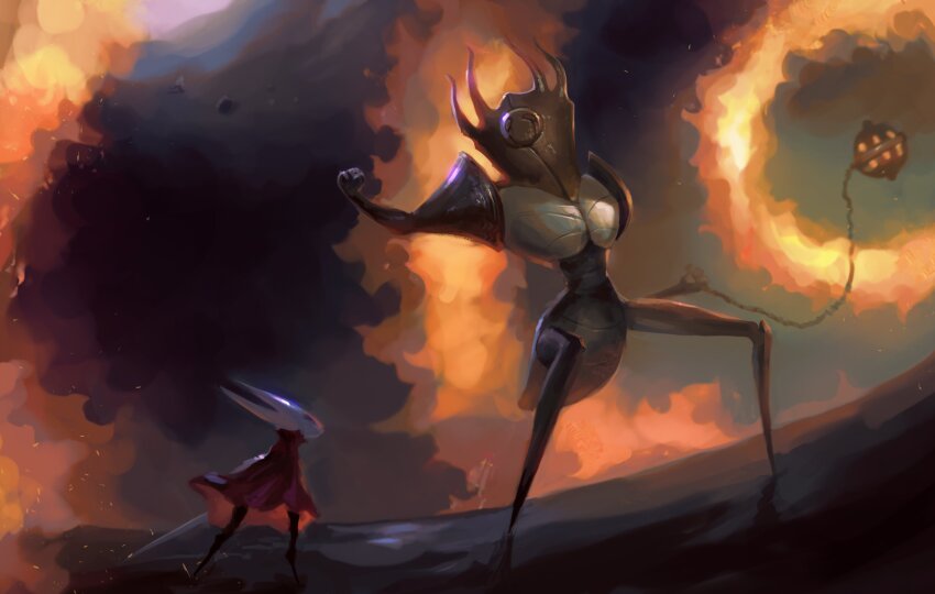 2girls, absurdres, armor, arthropod_girl, battle, black_skin, boss_fight, chain