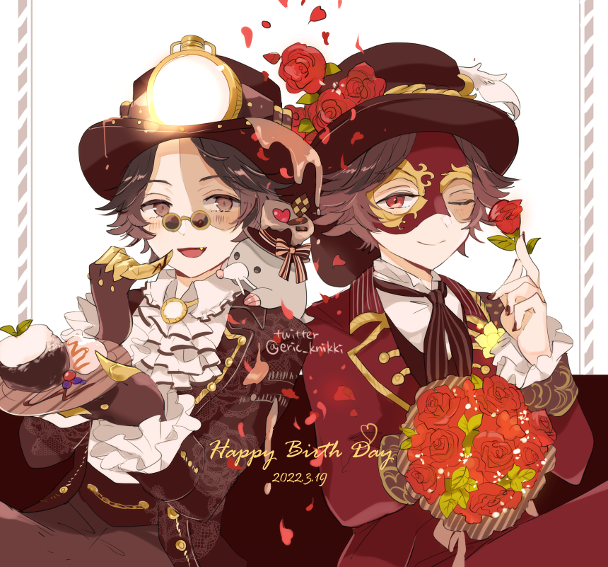 2boys, ascot, black_hair, blush, bouquet, brown_eyes, brown_gloves, brown_hair