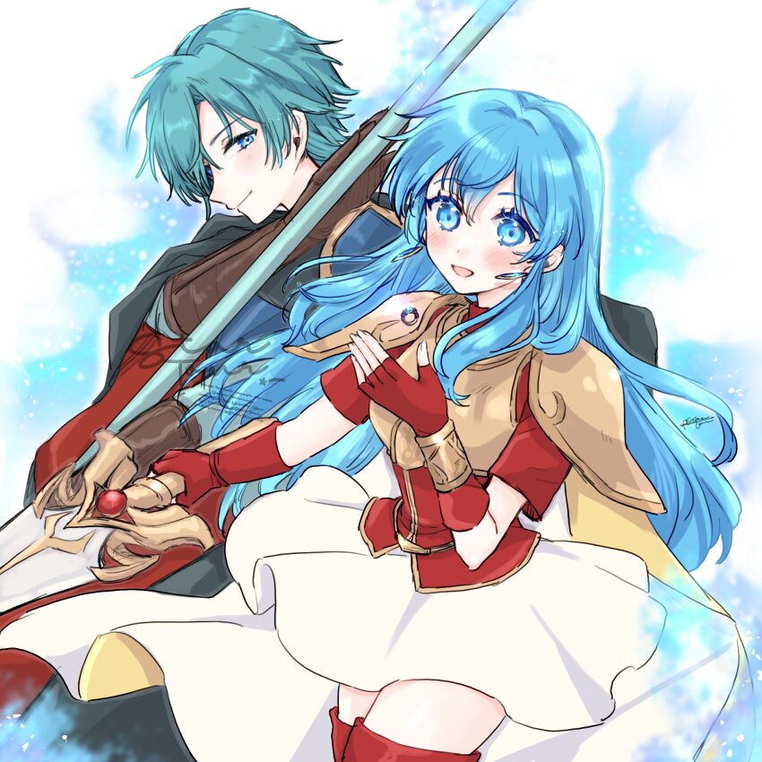 1boy, 1girl, aqua_eyes, aqua_hair, armor, aura, blue_aura, blue_eyes