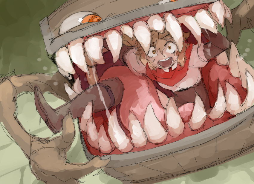 1girl, animal_ears, boots, brown_boots, brown_gloves, cat_ears, cats_&amp;_crypts, caught, commission, elbow_gloves, galaxyspark, gloves, highres, knee_boots, mimic, natasha_(cats_&amp;_crypts), non-web_source, panicking, red_scarf, scarf, sharp_teeth, shirt, simple_background, sketch, teeth, tongue, vore, white_shirt, wide-eyed, yellow_eyes