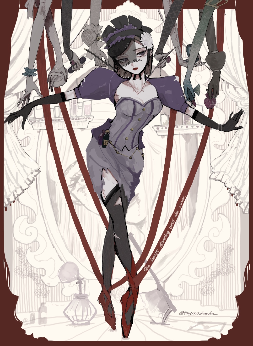 1girl, ballet_slippers, black_gloves, black_thighhighs, black_veil, bob_cut, breasts, brown_hair