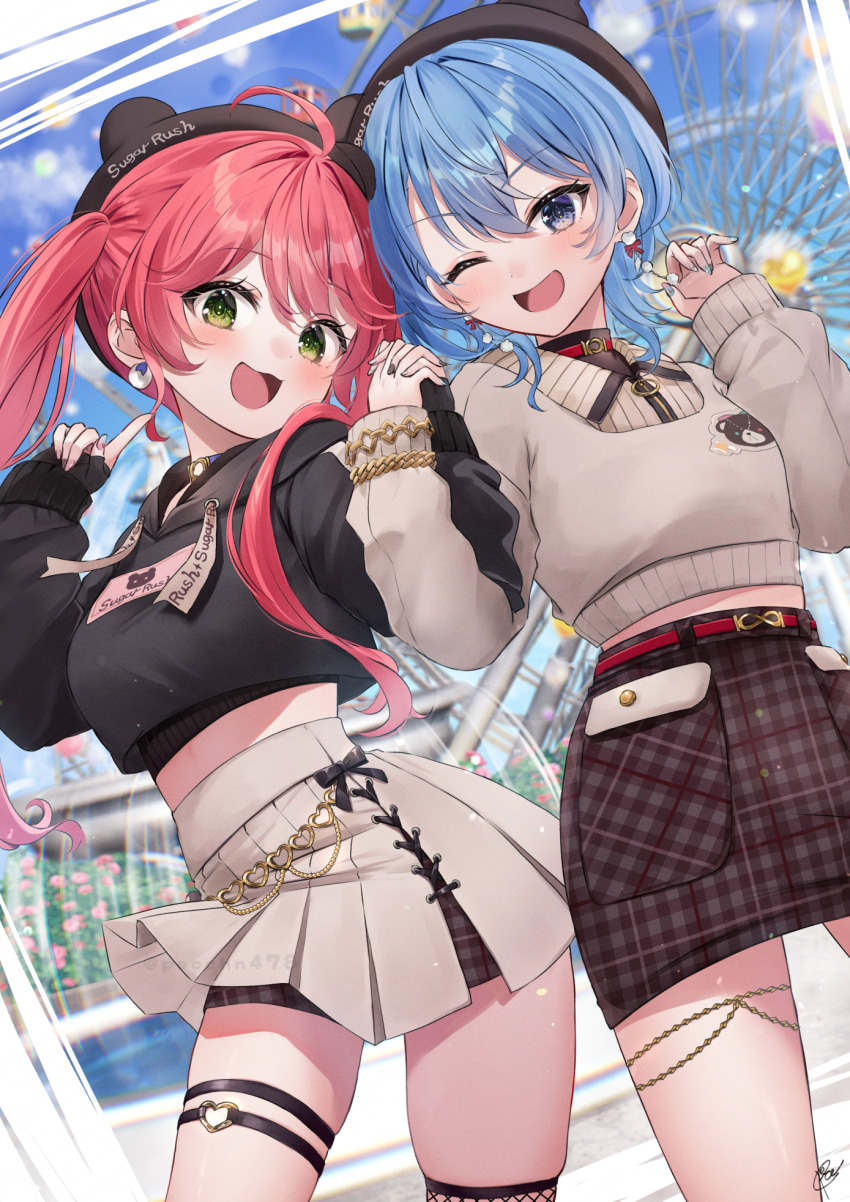 2girls, :d, ;d, ahoge, amusement_park, animal_ear_headwear, belt, black_gloves