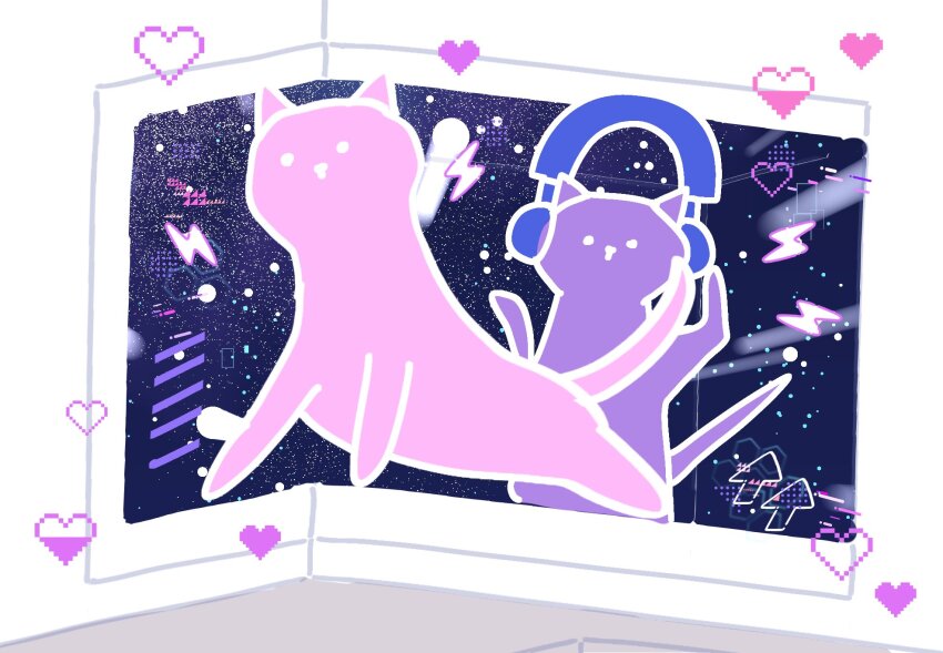 animal_focus, arrow_(symbol), billboard, cat, commentary_request, headphones, heart, highres