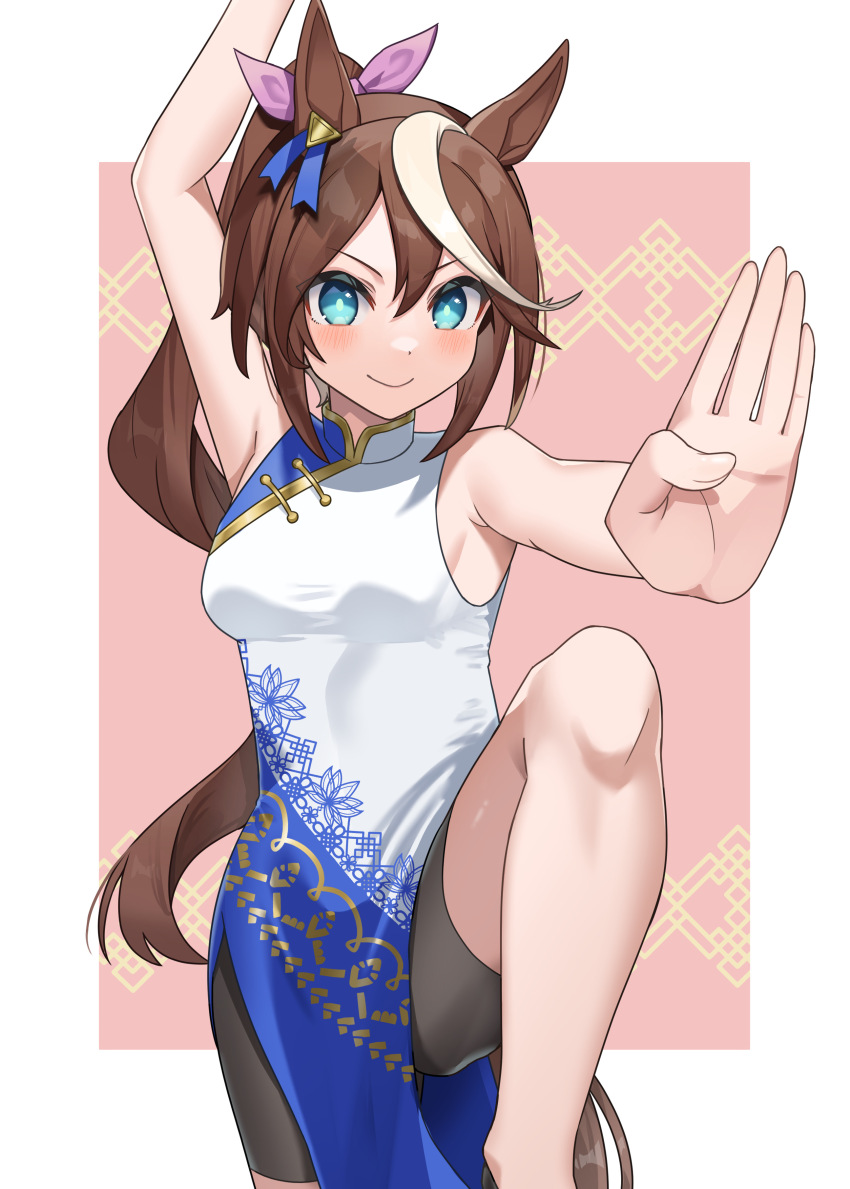 1girl, absurdres, alternate_costume, bike_shorts, blue_eyes, breasts, brown_hair, china_dress