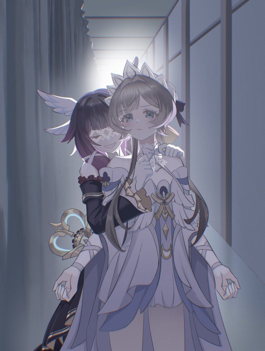 2girls, adjusting_bow, bare_shoulders, big_itachi, black_bow, black_dress, black_hair, blue_eyes