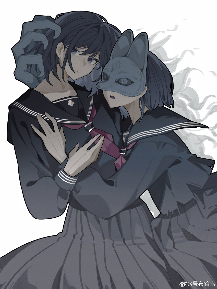 2girls, absurdres, ascot, black_hair, black_serafuku, claws, dual_persona, fox_hinako