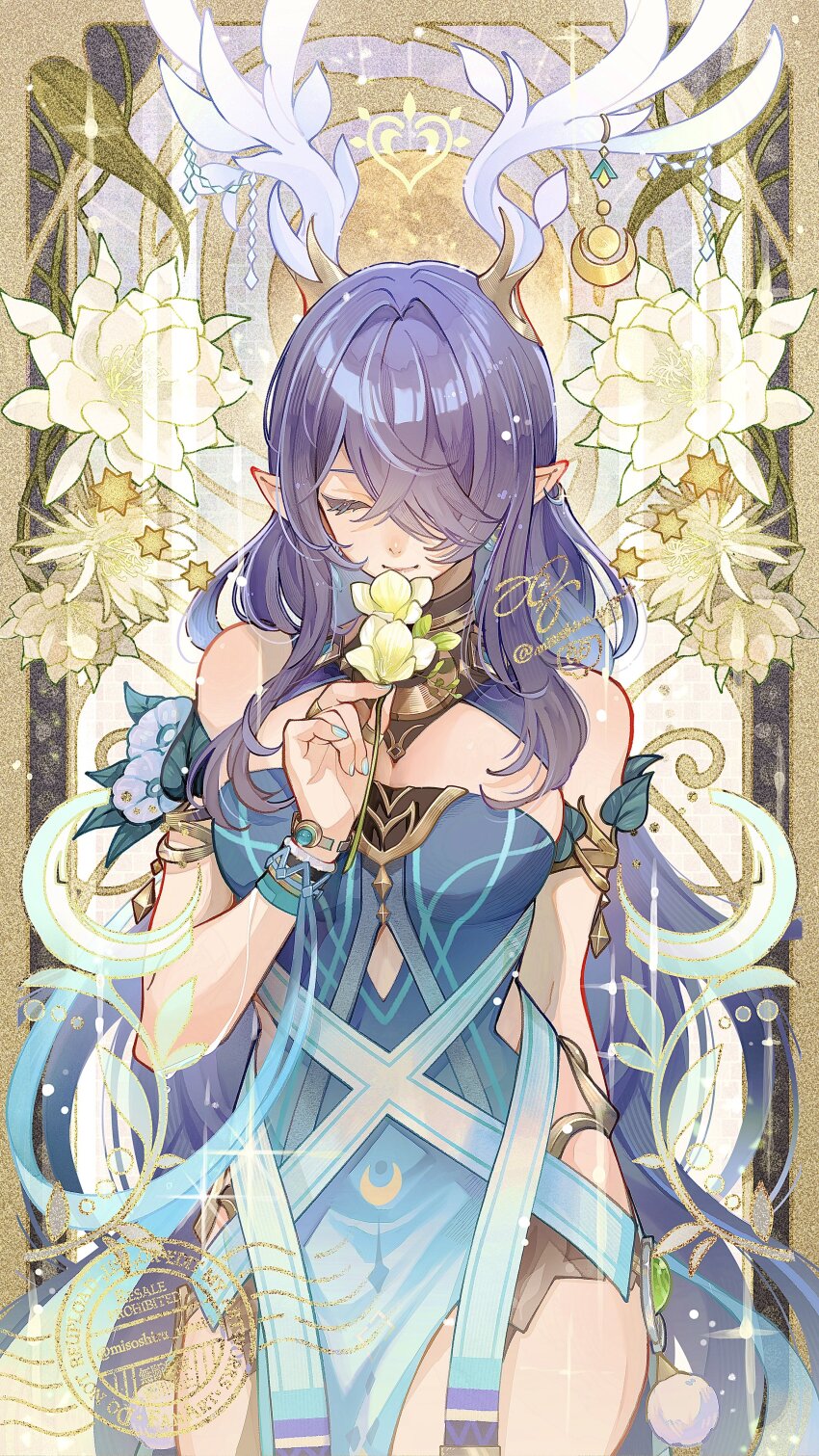 1girl, absurdres, antler_ornament, antlers, bare_shoulders, blue_dress, blue_hair, breasts