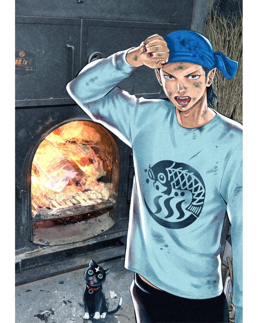 1boy, baban_baban_ban_vampire, black_hair, black_pants, blue_shirt, cat, dirty, dirty_clothes, dirty_face, dirty_hands, furnace, hachimaki, headband, highres, long_sleeves, looking_at_viewer, male_focus, mori_ranmaru_(baban_baban_ban_vampire), official_art, okujima_hiromasa, pants, pointy_ears, print_shirt, red_nails, shirt, t-shirt, tenugui, vampire, wiping_sweat