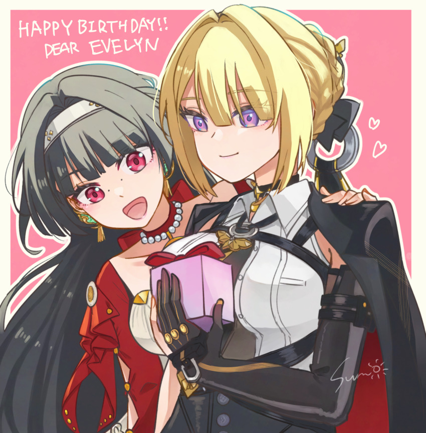 2girls, astra_yao, black_gloves, black_hair, blonde_hair, blunt_sidelocks, breasts, cleavage