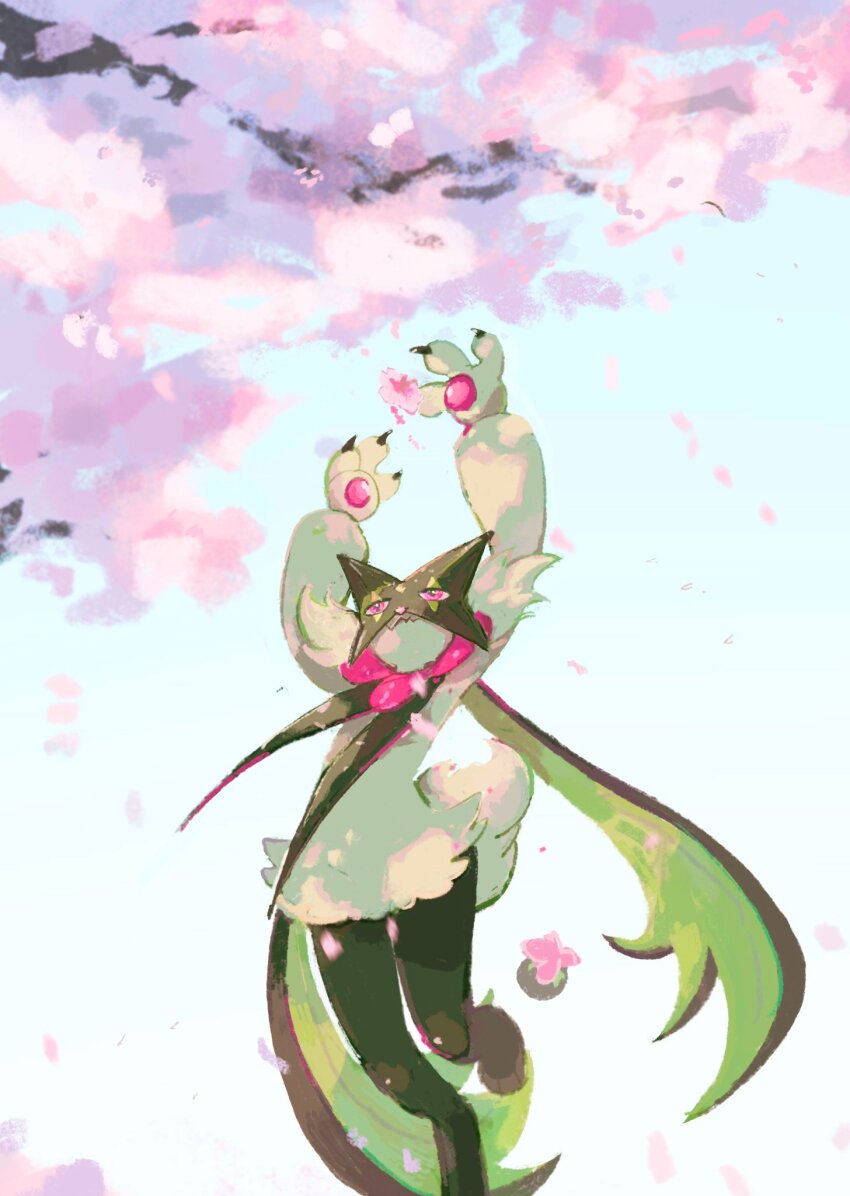 1other, animal_hands, blue_background, body_fur, cape, cherry_blossoms, claws, closed_mouth