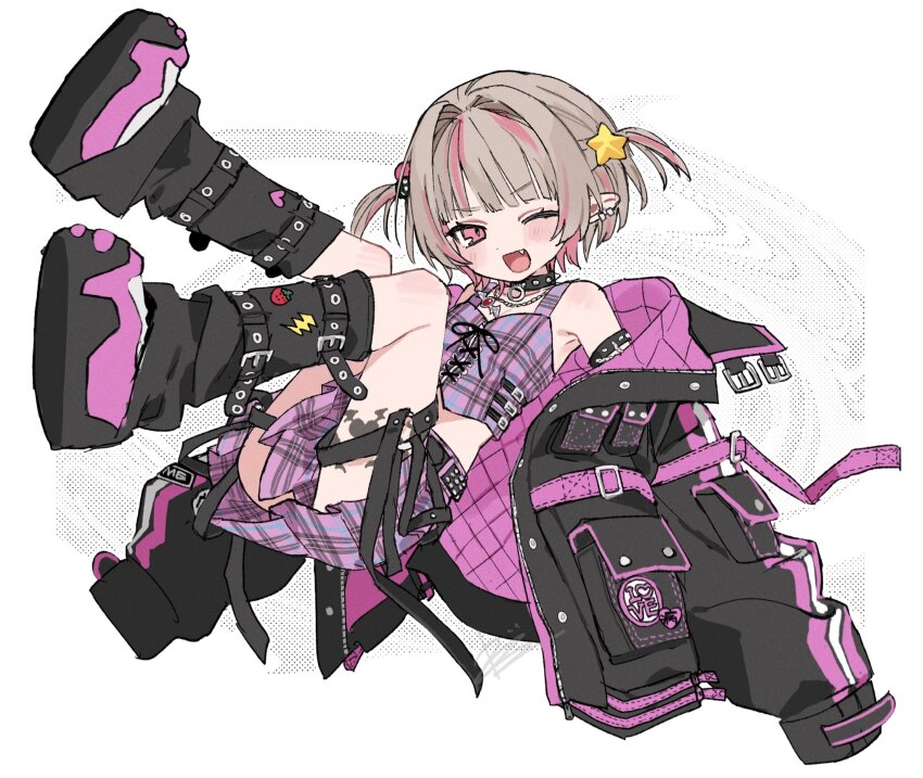 1girl, ;d, arm_belt, arm_strap, bare_shoulders, belt, black_belt, black_collar