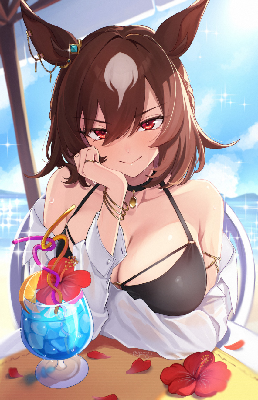 1girl, animal_ears, beach, bikini, black_bikini, bracelet, breasts, brown_hair, chair, choker, cleavage, cloud, commentary_request, crazy_straw, dress_shirt, drink, drinking_straw, ear_ornament, flower, hair_between_eyes, halterneck, head_rest, heart_straw, hibiscus, highres, horse_ears, horse_girl, ice, ice_cube, jewelry, large_breasts, leaning_on_table, long_hair, long_sleeves, looking_at_viewer, multicolored_hair, ocean, off-shoulder_shirt, off_shoulder, pendant_choker, red_eyes, ring, shirt, sirius_symboli_(umamusume), sitting, sky, smile, solo, sparkle, streaked_hair, swimsuit, table, toji_(y2toj2), tsurime, umamusume, umbrella, water, white_hair, white_shirt