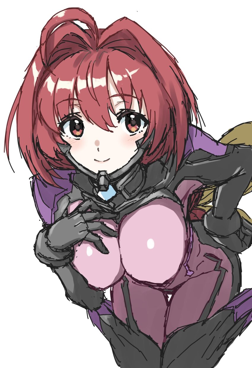 1girl, ahoge, armored_bodysuit, blush, bodysuit, bow, breasts, fortified_suit, fortified_suit_(kagami_sumika), hair_intakes, hand_on_own_chest, highres, impossible_bodysuit, impossible_clothes, kagami_sumika, large_breasts, leaning_forward, long_hair, looking_at_viewer, low_ponytail, mecha_pilot_suit, mota_saru, muv-luv, muv-luv_alternative, pink_bodysuit, ponytail, red_eyes, red_hair, skin_tight, smile, solo, very_long_hair, yellow_bow