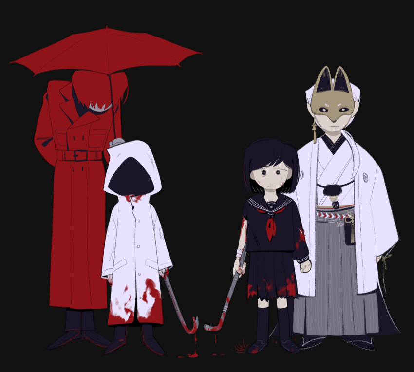 2boys, 2girls, adashino_adami, black_background, black_hair, blood, blood_on_clothes, chlorenw, coat, commentary_request, crossover, crowbar, fox_mask, fox_mask_(silent_hill), haori, highres, holding, holding_crowbar, holding_lead_pipe, holding_umbrella, homicipher, japanese_clothes, kimono, lead_pipe, looking_at_viewer, low_ponytail, mask, mr._scarletella, multiple_boys, multiple_girls, ponytail, raincoat, red_coat, red_hair, red_umbrella, shimizu_hinako, short_hair, silent_hill_(series), silent_hill_f, simple_background, trait_connection, umbrella, white_coat, white_hair, white_kimono