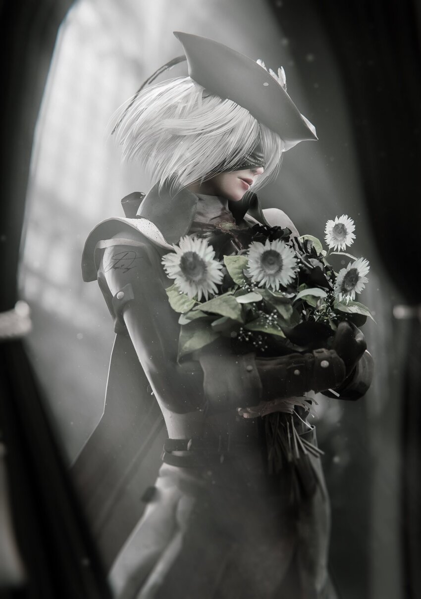 1girl, 2b_(nier:automata), black_hat, bloodborne, cosplay, covered_eyes, crossover, devy_(hapidevy)