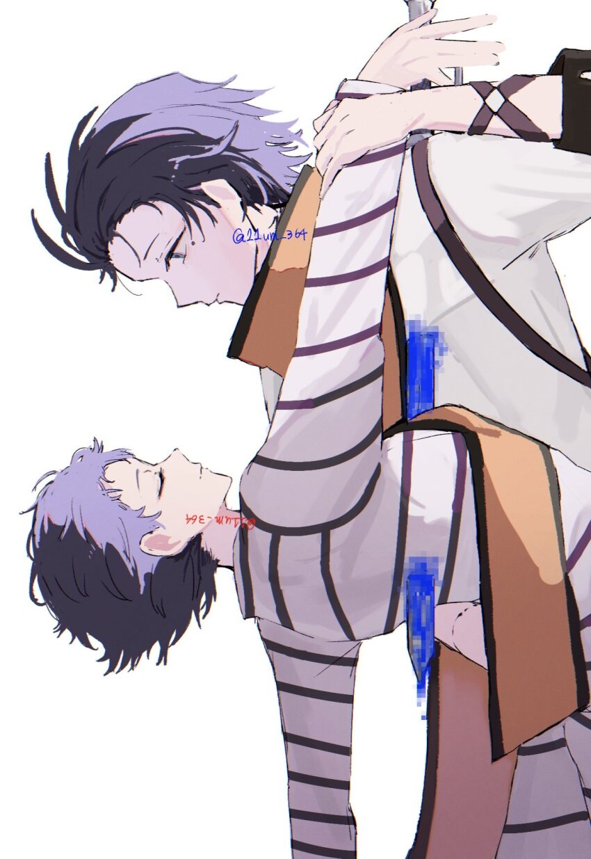 11um_364, 2boys, antenna_hair, blood, blue_blood, blue_eyes, censored, closed_eyes