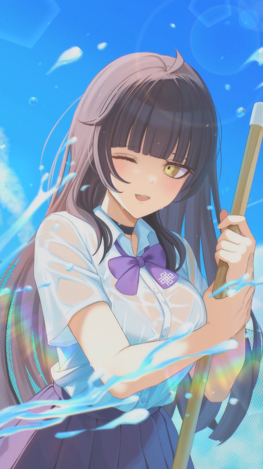 1girl, absurdres, ahoge, black_choker, blue_sky, blush, bow, bra